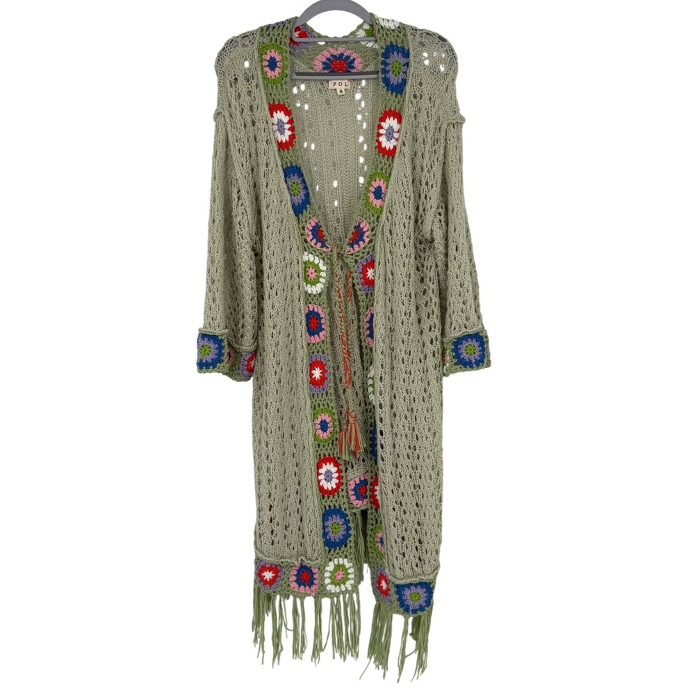 POL Sage Green Crochet Granny Square Hooded Duster Cardigan Fringe Small